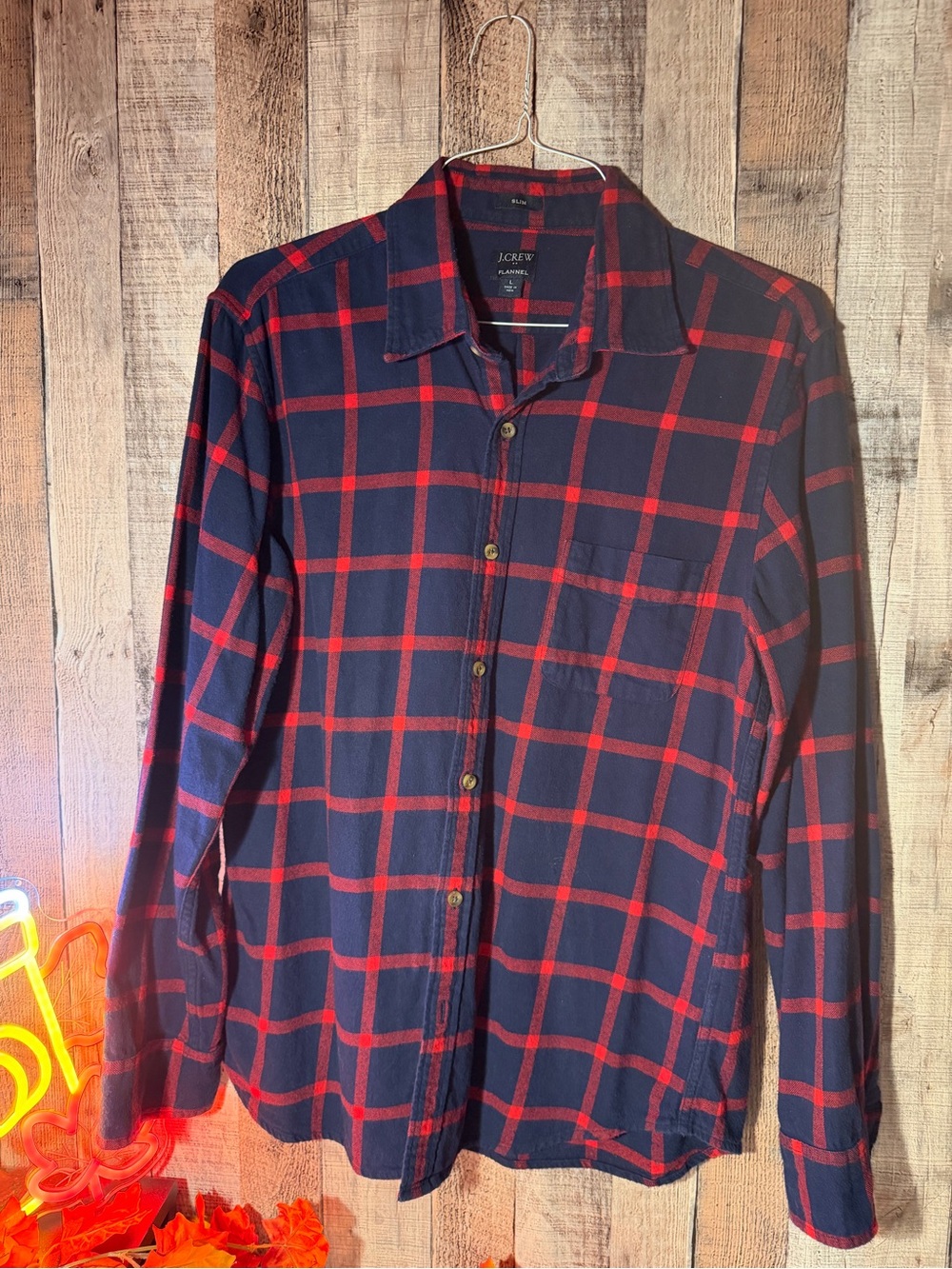 J. Crew Red and Navy Plaid Flannel Button-Down Shirt - Men